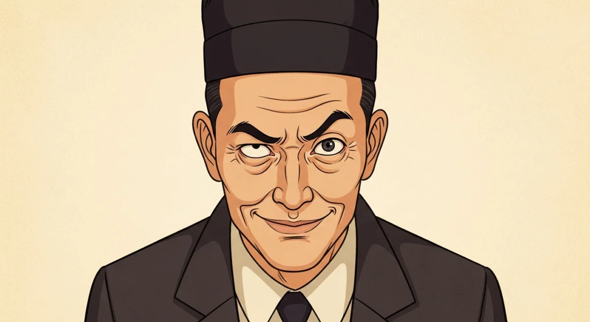 Minh họa chân dung một người đàn ông với nét mặt ẩn chứa sự mưu mô, ánh mắt lấm lét, nụ cười giả tạo, được thể hiện theo phong cách tranh minh họa cổ điển phương Đông, tông màu trầm ấm, gợi lên sự cảnh giác.