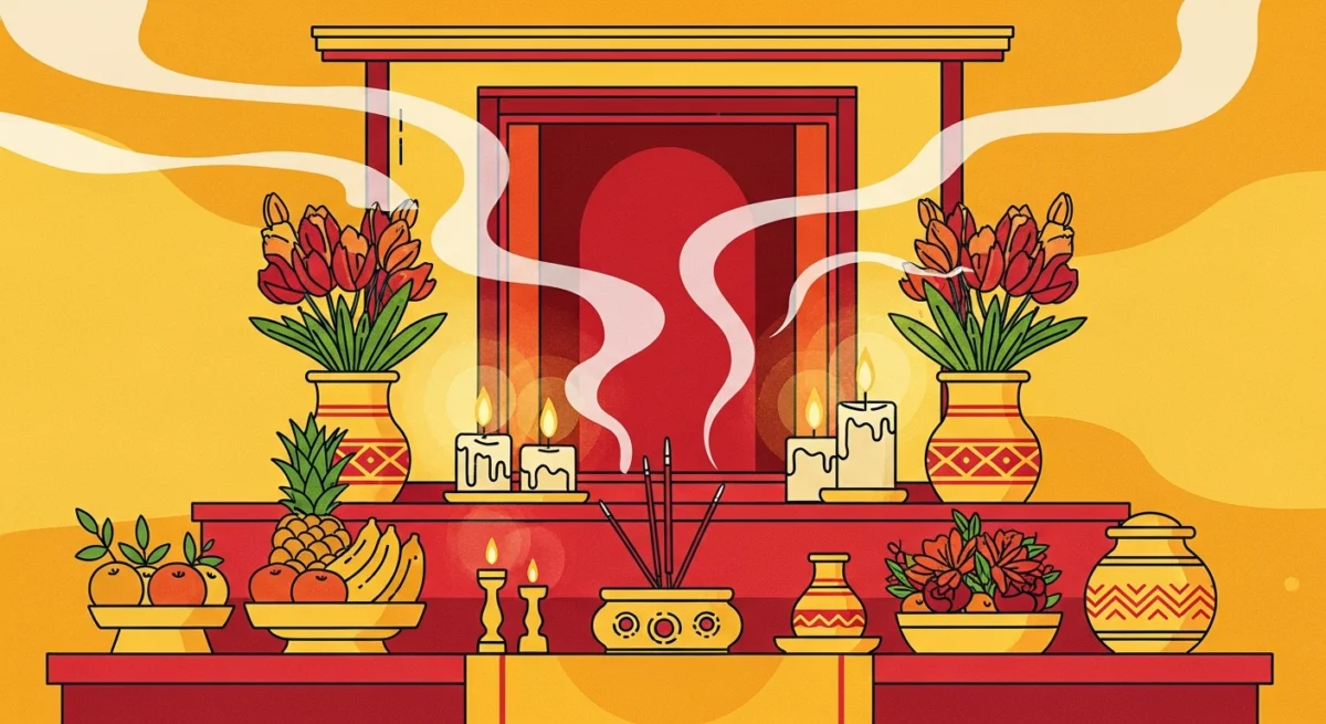 Một bàn thờ gia tiên ấm cúng với khói hương lượn lờ, ánh nến dịu nhẹ, thể hiện sự kính trọng và kết nối tâm linh giữa con cháu và tổ tiên, phong cách minh họa hiện đại, màu sắc ấm áp, chủ đạo là tông vàng và đỏ, không có chữ.