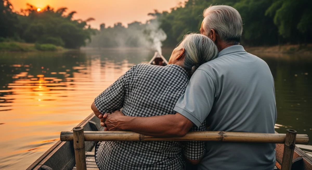 Tình già neo đậu bến sông, tay đan tay giữa hoàng hôn quê hương. Dù tháng năm nhuộm màu mái tóc, vẫn vẹn nguyên ánh mắt nhìn về phía bình yên.