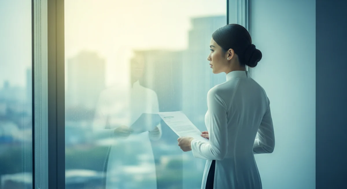 Bỏ lại sau lưng những bộn bề, cô gái khoác lên mình tà áo dài cách tân, tay cầm đơn xin nghỉ việc, hướng về phía chân trời mới. Một chút phân vân, một chút hy vọng, hành trình tìm kiếm tự do của cô gái bắt đầu từ đây.